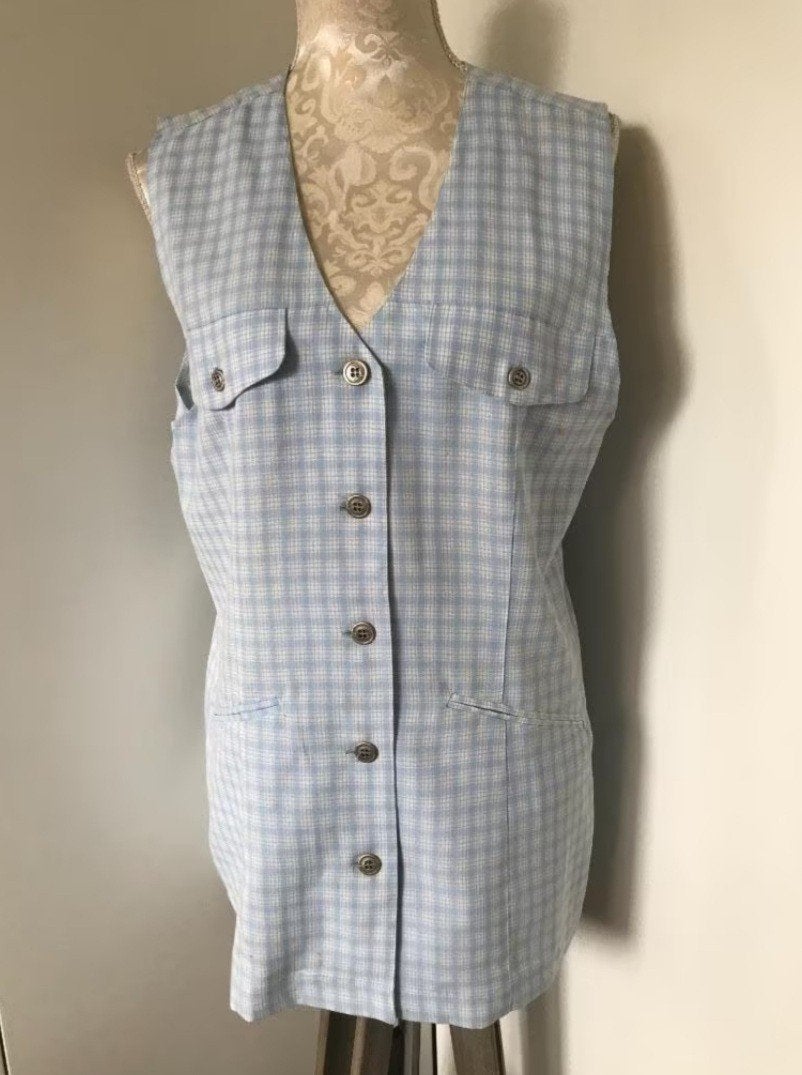 Lichtblauw Geruite Lange Gilet, Ophalen of Verzenden, Zo goed als nieuw, Maat 38/40 (M), Blauw