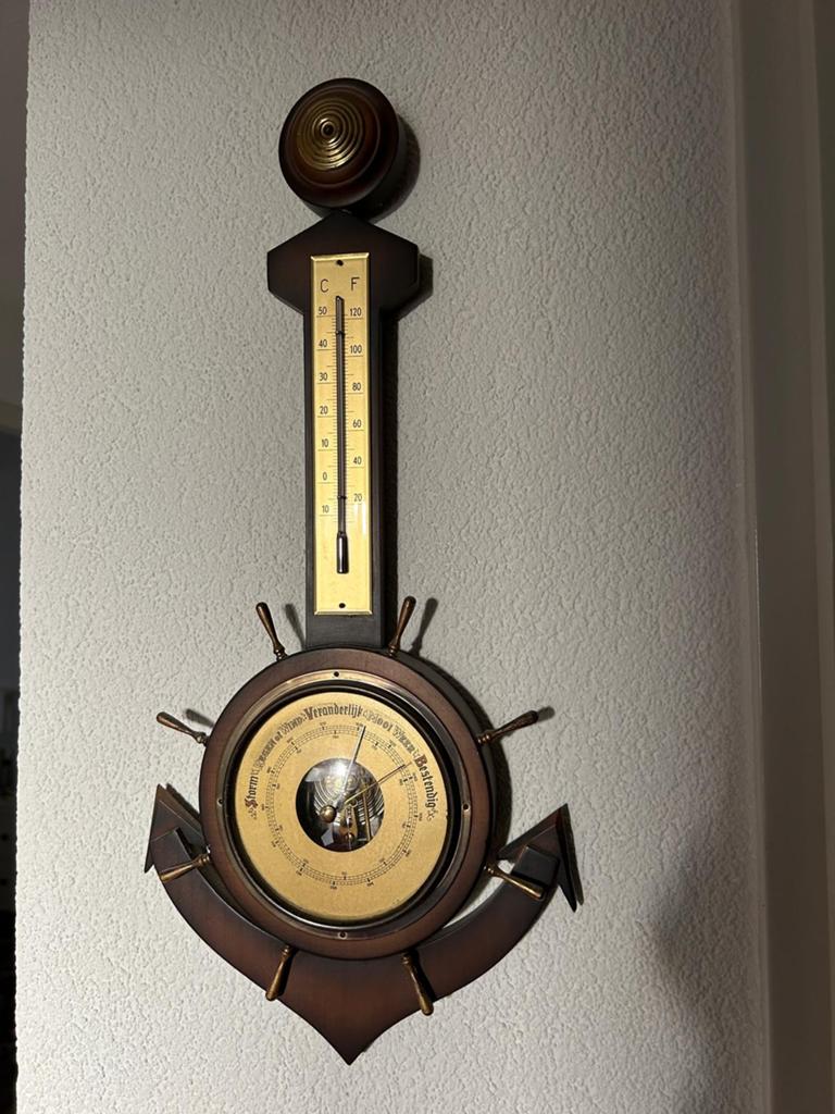 Vintage Barometer Weerstation Anker Stuurwiel Hout Messing, Ophalen, Zo goed als nieuw, Weerstation
