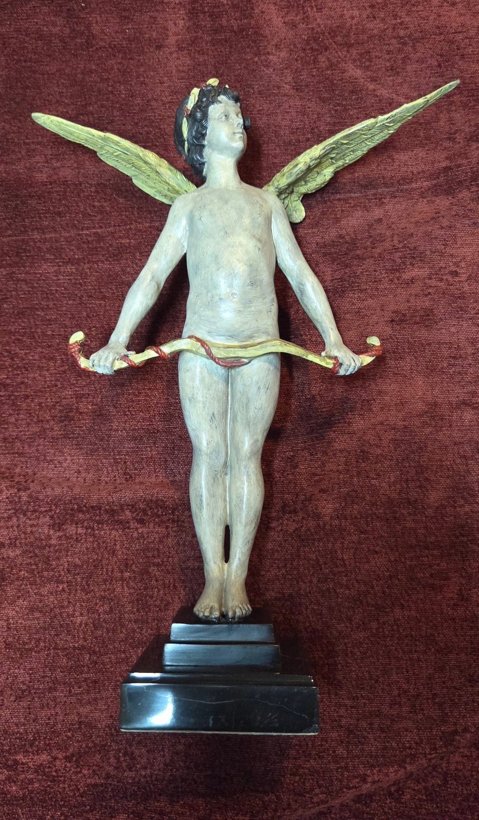 Cupido met Boog en Vleugels op Marmeren Sokkel, Antiek en Kunst, Ophalen, 50 - 100 cm, Brons, Beeld