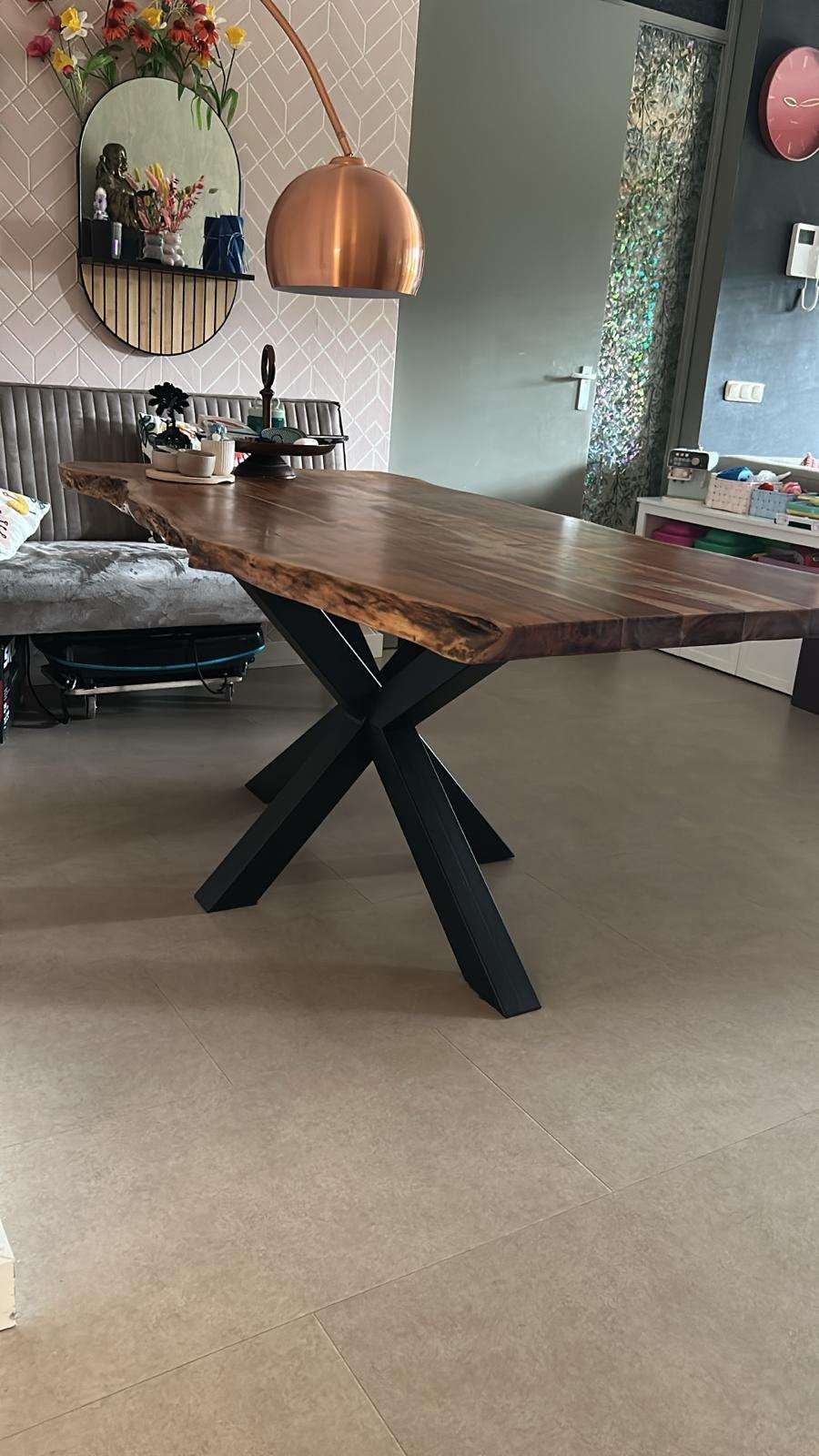 Industriële Acacia hout Boomstamtafel 180x90cm Massief blad, Huis en Inrichting, Tafels | Eettafels, Ophalen, Overige materialen