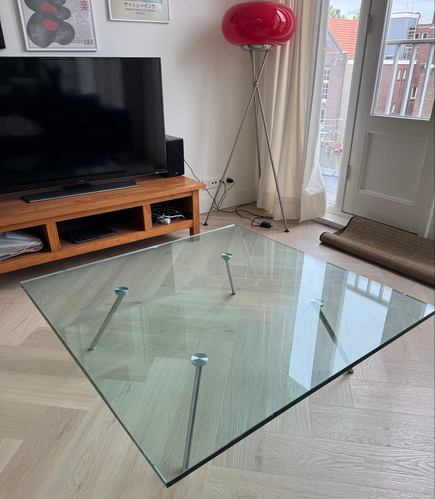 Gratis ophalen - Glazen salontafel met metalen poten, Ophalen, Gebruikt, Vierkant, Glas