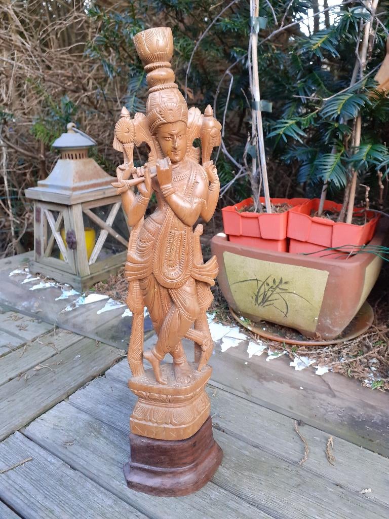 Fraai gesneden Houten Beeld van Krishna, Antiek en Kunst, Ophalen of Verzenden
