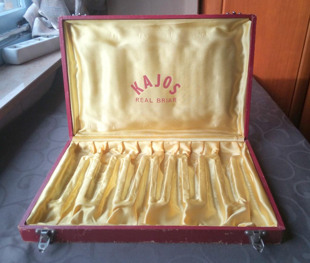 1960s KAJOS REAL BRIAR ADVERTENTIE PIJPENDOOS UITSTAL BRUIN, Verzamelen, Verzenden, Tabaksdoos of Verpakking