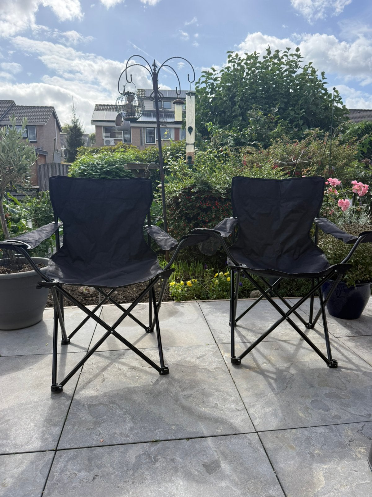 2 inklapbare camping-/strandstoelen – zwart + 2 hoezen, Ophalen, Gebruikt, Inklapbaar
