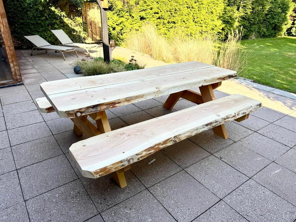 Robuuste Boomstam Picknicktafel - bouwpakket - 6cm dik!, Ophalen, Nieuw, Rechthoekig, Hout