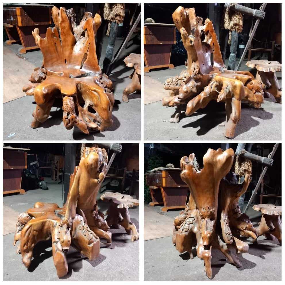 Stoel van teak wortelhout met vissenkoppen houtsnijwerk, Ophalen, Houtsnijwerk, 50 - 100 cm, Hout