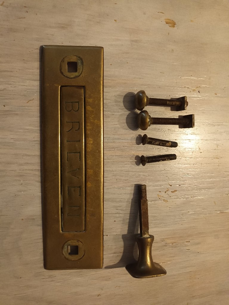 Antieke messing brievenbusklep + deurbelknop, Ophalen of Verzenden