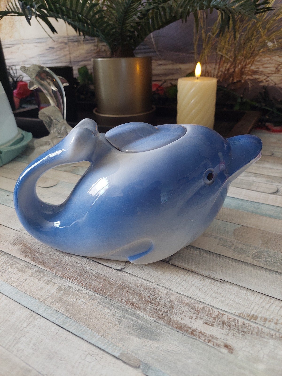 Vintage dolfijn theepot - Blauw en wit keramiek, Antiek en Kunst, Ophalen
