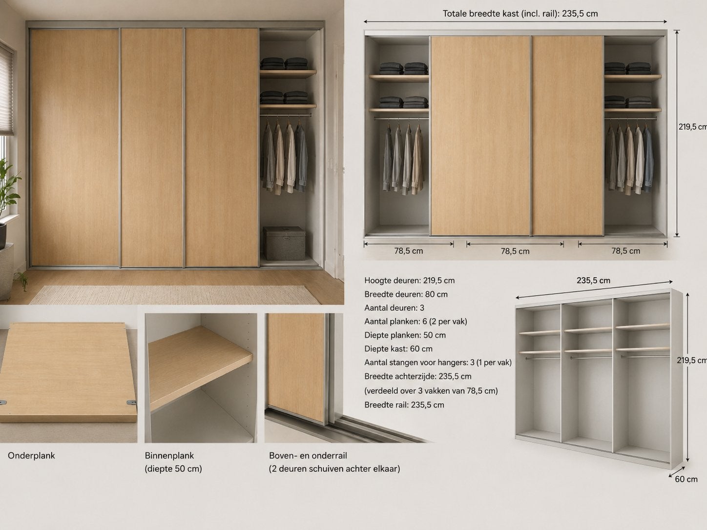 Grote mdf-kledingkast met schuifdeuren (219,5x235,5x60), Huis en Inrichting, Kasten | Kledingkasten, Ophalen, Met deur(en), Gebruikt