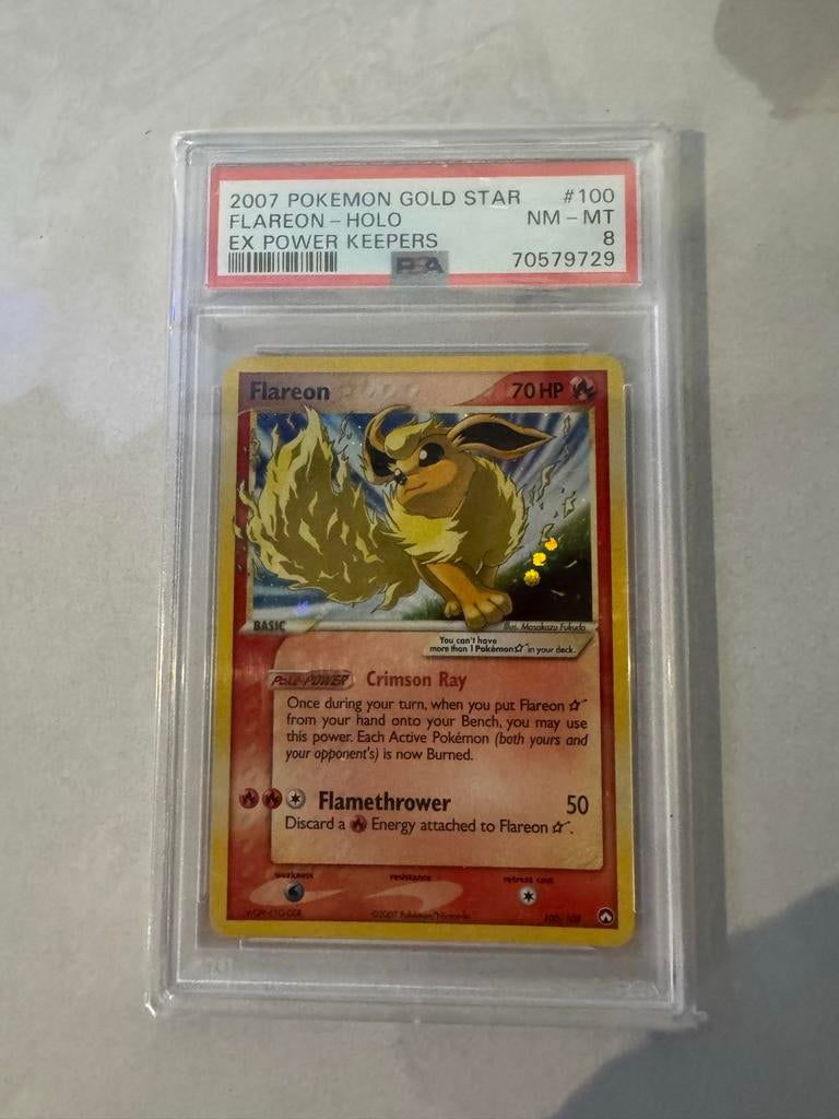 2007 Pokemon Gold Star Flareon Holo PSA 8 EX Power Keepers, Hobby en Vrije tijd, Verzamelkaartspellen | Pokémon, Zo goed als nieuw