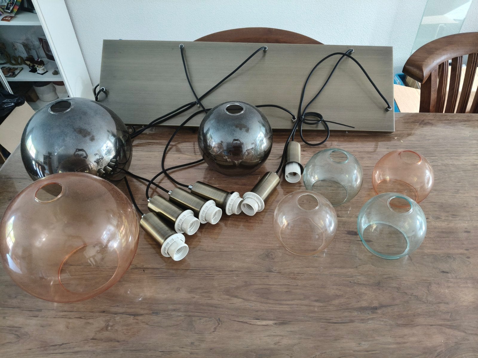 hanglamp 7 glazen bollen - diverse kleuren, Ophalen, Gebruikt, Glas, E27 (groot)