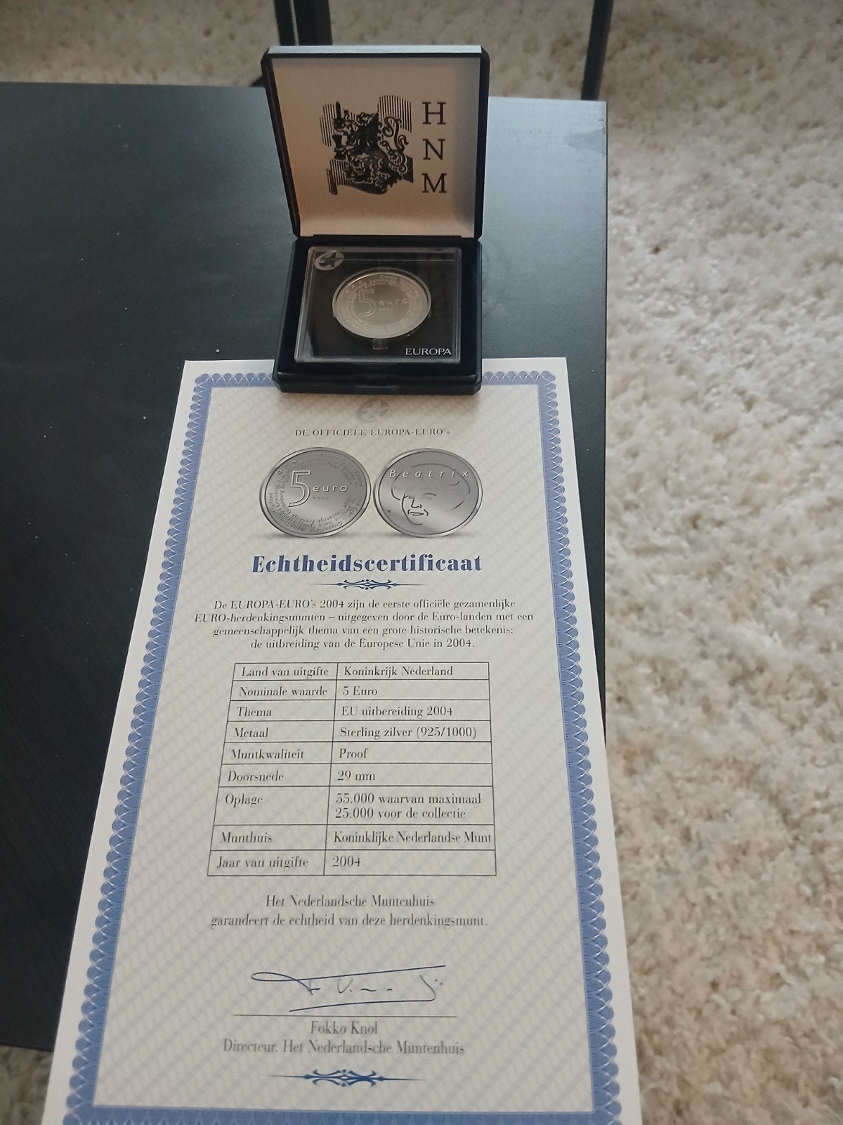 Zilveren 5 Euro Munt EU Uitbreiding 2004 met Certificaat, Postzegels en Munten, Munten | Nederland, Koningin Beatrix, Zilver, Euro's