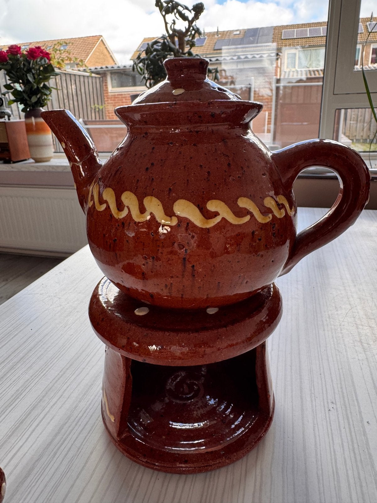 Vintage theepot met theelicht en kopje/melkkan / space age, Ophalen of Verzenden