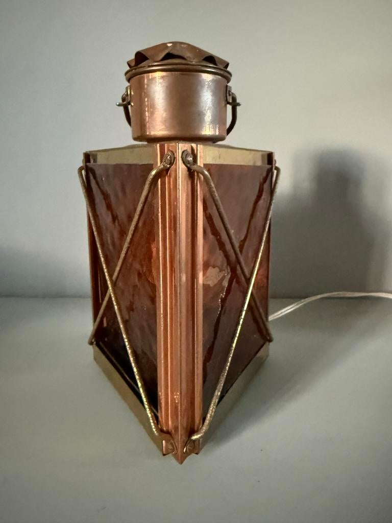 Koperen Scheepslamp met Rood Glas - 230V, Ophalen of Verzenden