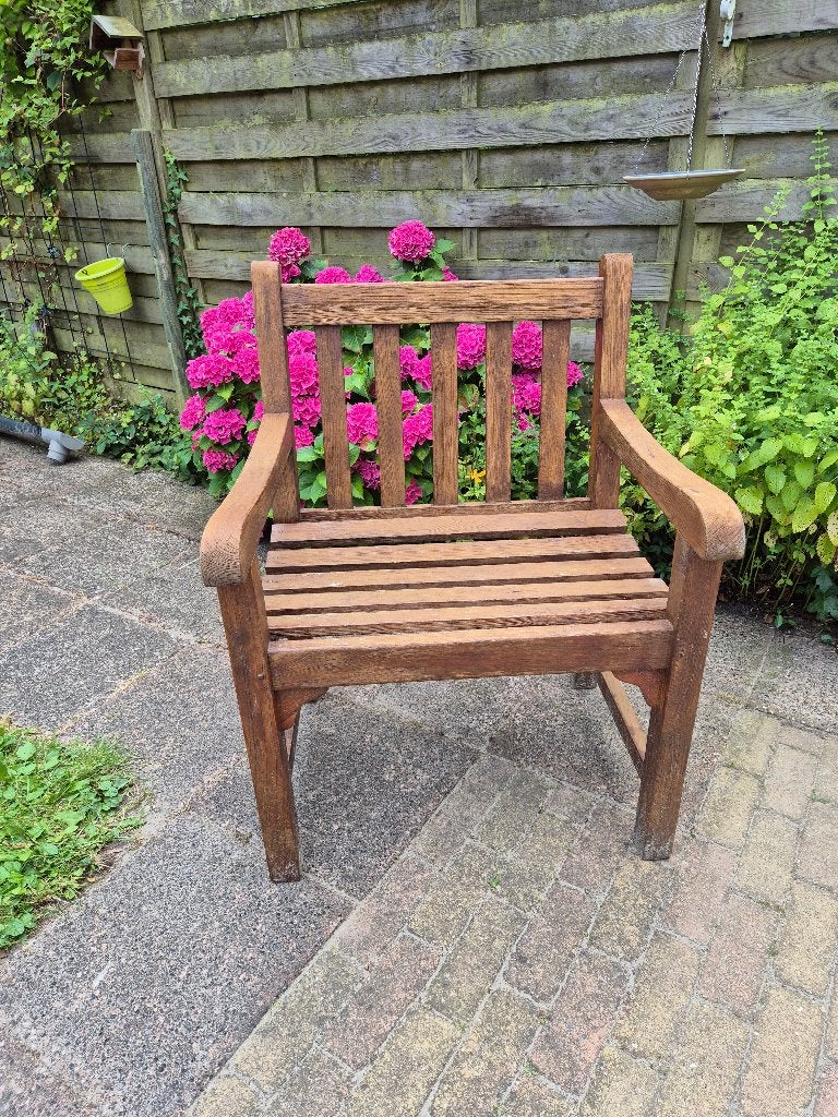 Robuuste teak houten tuinstoel, Ophalen, Gebruikt, Teakhout