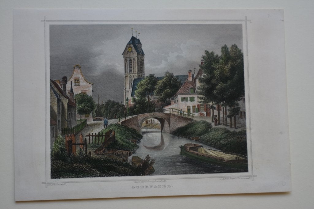 OUDEWATER STAALGRAVURE 1858 STADSGEZICHT TERWEN E70, Antiek en Kunst, Kunst | Etsen en Gravures, Gravure, Blanco verso, Gesigneerd
