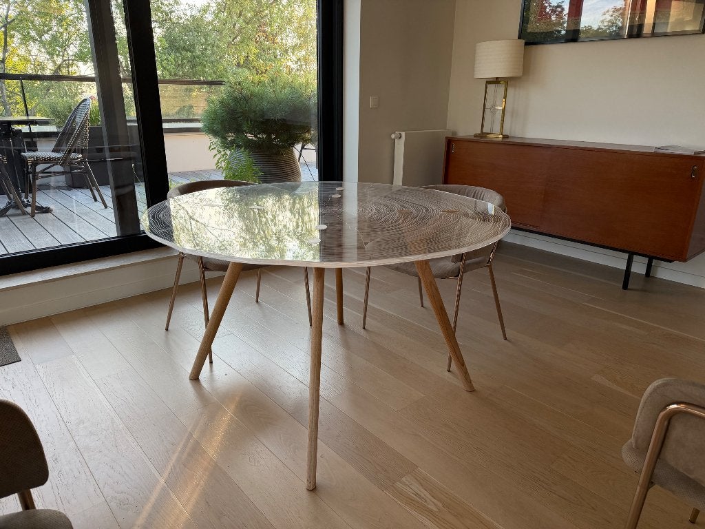 Roche Bobois PLEXIWOOD Eettafel Ø140 - Als Nieuw, Ophalen, Modern, Klassiek, Design, Rond, Zo goed als nieuw