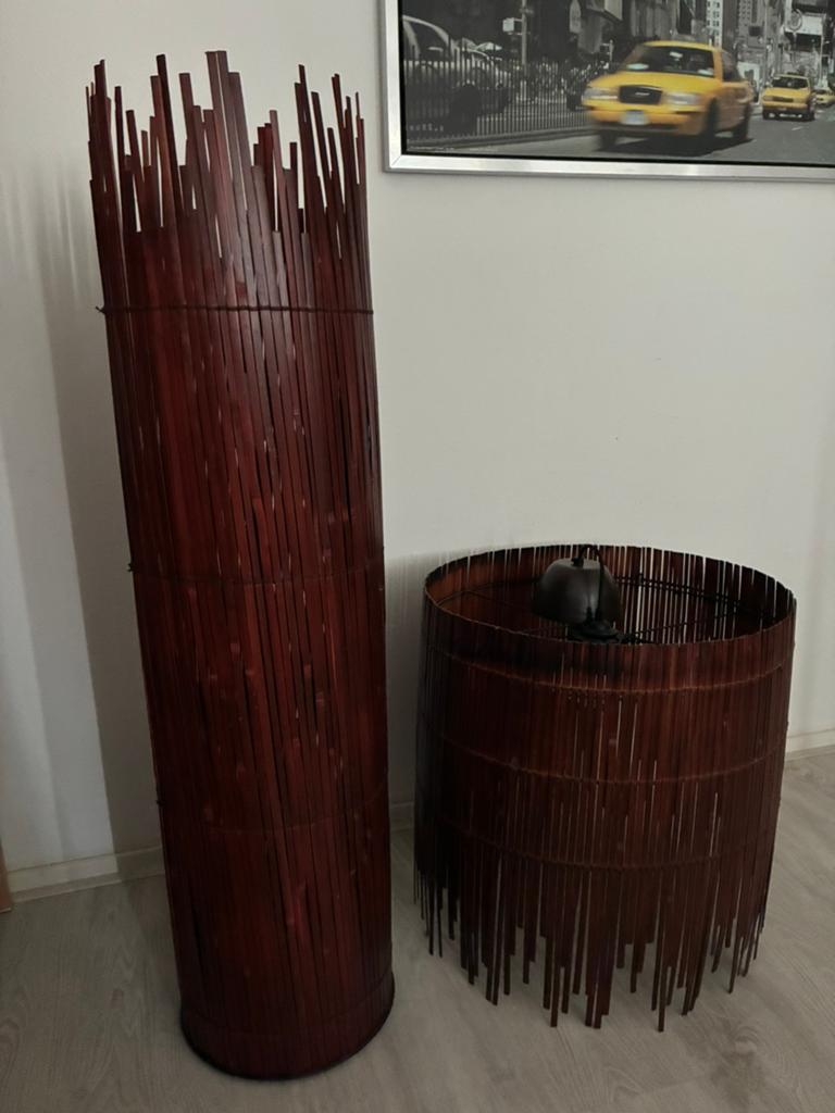 Set van 2 Japandi bamboe lampen. 1 vloerlamp en 1 hanglamp, Ophalen, Zo goed als nieuw, Japandi