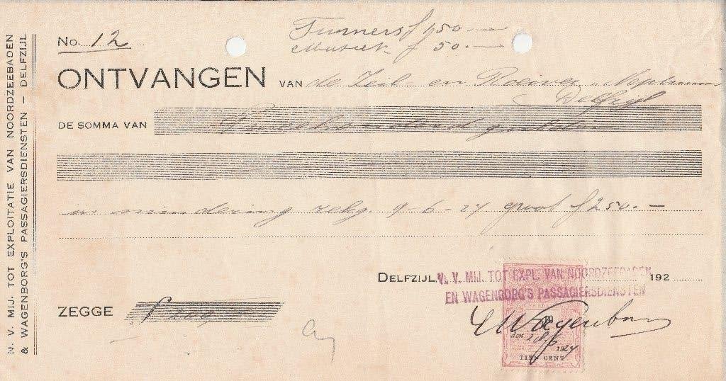 DELFZIJL 1927 Kwitantie Expl Van NOORZEEBADEN WAGENBORG, Ophalen of Verzenden, 1920 tot 1940, Gelopen, Groningen