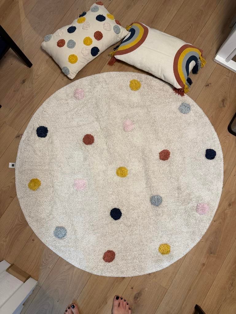 Rond vloerkleed 120cm met twee kussens, Ophalen, 100 tot 150 cm, Wit, Rond