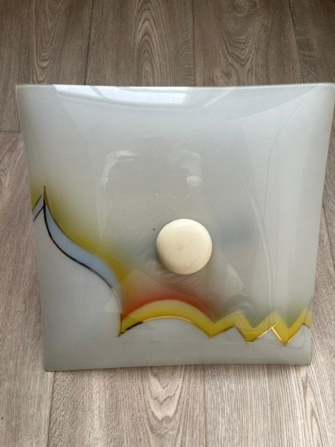 Vintage plafonnière met 2 lichtpunten, Huis en Inrichting, Lampen | Plafondlampen, Ophalen of Verzenden, Gebruikt, Glas, Vintage, retro