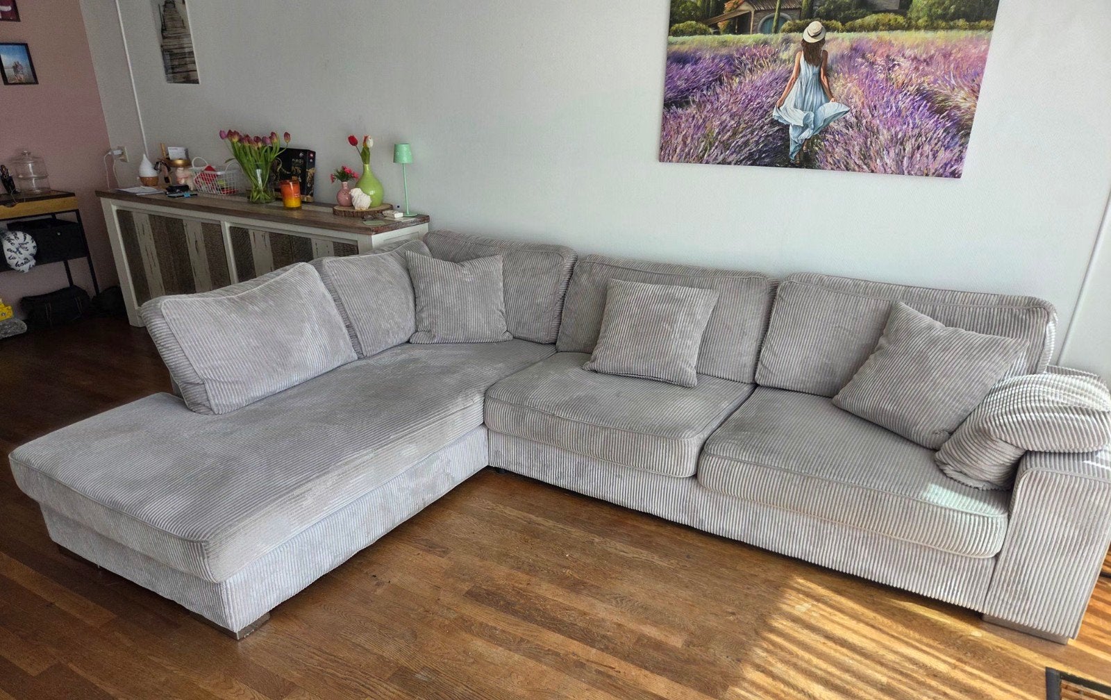 Grote grijze loungebank met ribstof - Zo goed als nieuw, Ophalen, Hoekbank, 300 cm of meer, Zo goed als nieuw