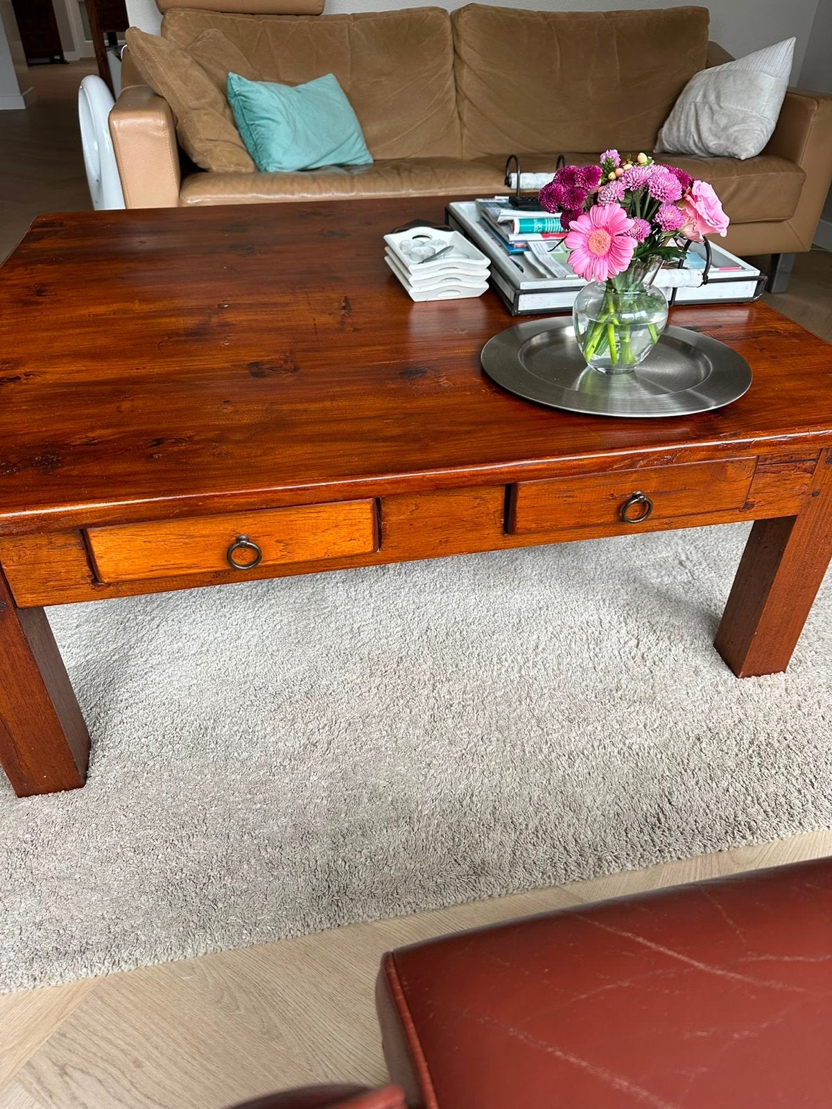 Massief houten salontafel 120x120 met lades, Ophalen, Gebruikt, 100 tot 150 cm, Vierkant