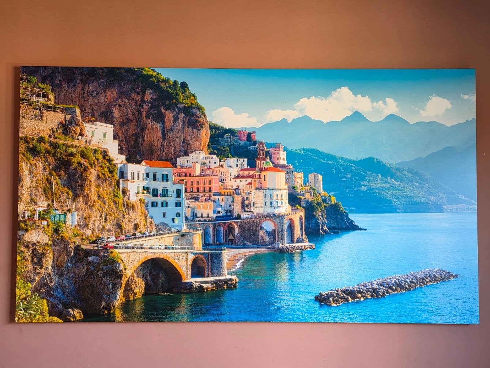 Prachtige aluminium wanddecoratie Amalfikust – 180 x 100, Huis en Inrichting, Ophalen, 125 cm of meer, Zo goed als nieuw, Schilderij