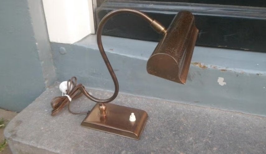 Vintage gebronsd koperen pianolamp bureaulamp in goede staat, Ophalen of Verzenden
