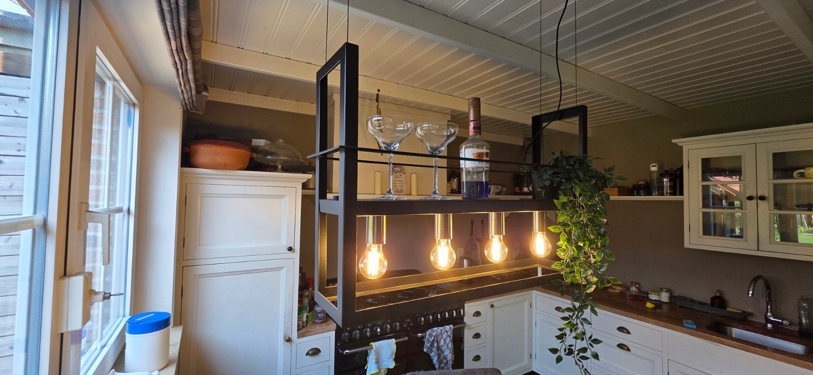 Industriële hanglamp met 5 Edison lampen en rek, Zo goed als nieuw, Metaal, Industrieel, E27 (groot)