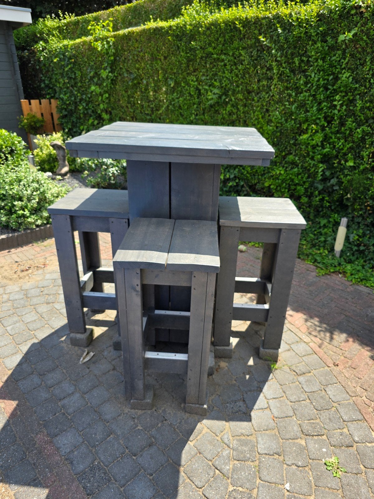 Steigerhouten statafel met 4 krukken, Ophalen, Gebruikt, Vierkant, Hout