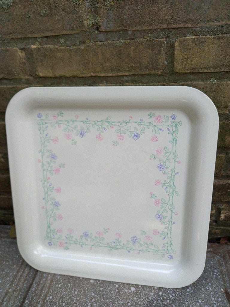 Vintage Brabantia dienblad met bloemmotief, Gebruikt, Vierkant, Ophalen of Verzenden, Dienblad