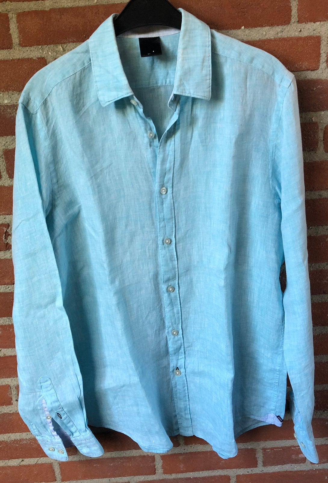 BOSS Linnen Overhemd M - Turquoise - Nieuwstaat, Kleding | Heren, Ophalen of Verzenden, Nieuw, Blauw, Halswijdte 39/40 (M)