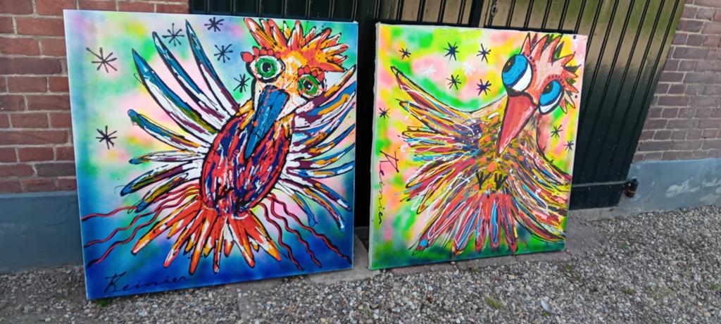 Reinier: 2 Kleurrijke Vogel Schilderijen - StreetArt/Popart, Ophalen of Verzenden