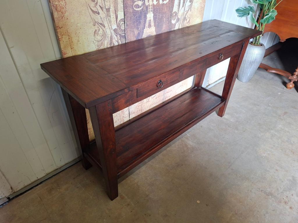 Koloniaal teakhouten sidetable, haltafel, wandconsole, licht, Ophalen of Verzenden, 25 tot 50 cm, Rechthoekig