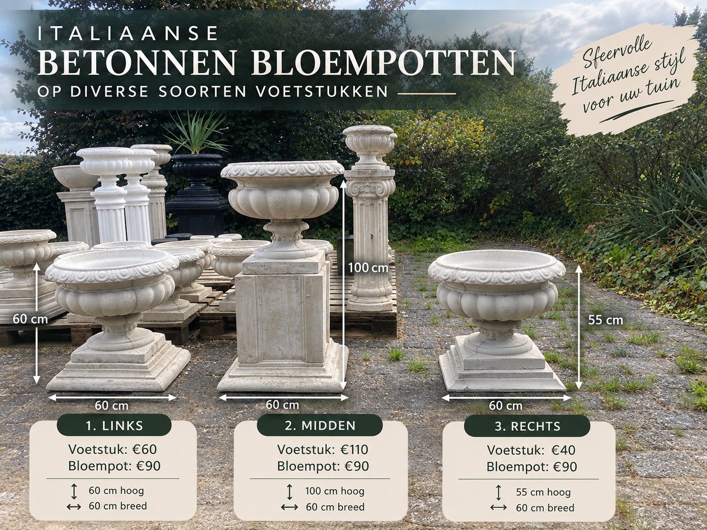 Statige betonnen bloempotten op diverse voetstukken/plateaus, Tuin en Terras, Ophalen, Nieuw