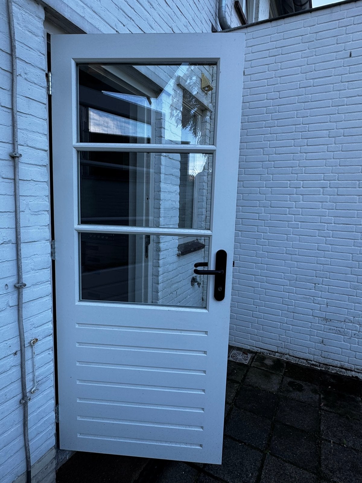 Witte buitendeur met glas en houten panelen, Ophalen, 80 tot 100 cm, 200 tot 215 cm, Glas