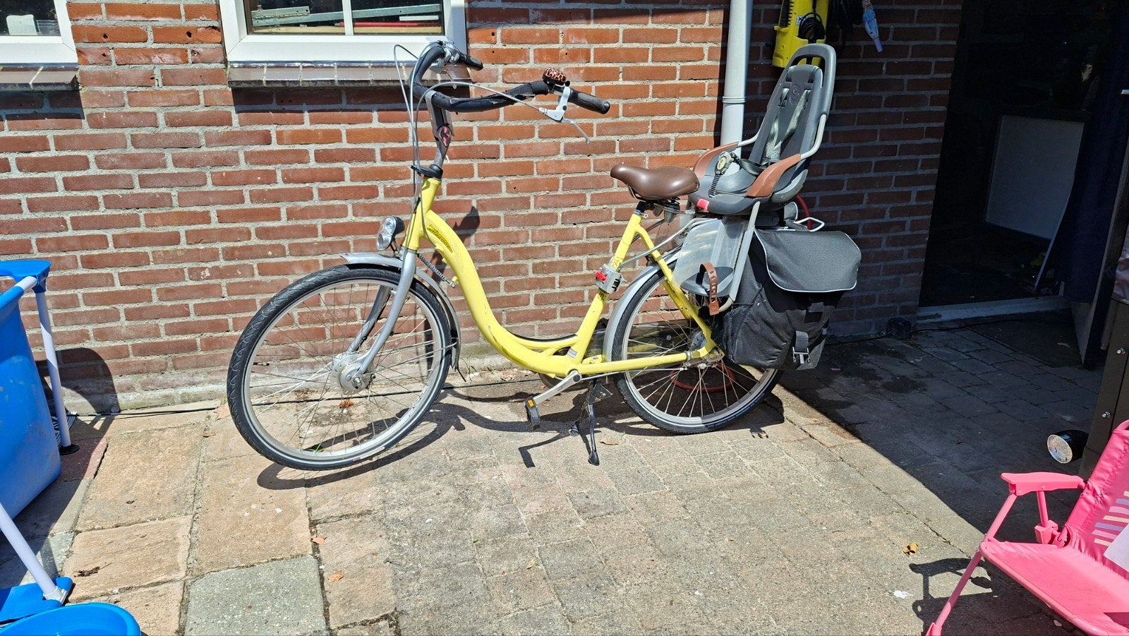 Gele damesfiets met kinderzitje en fietstassen, Velgrem, Ophalen, Overige merken, 53 tot 56 cm