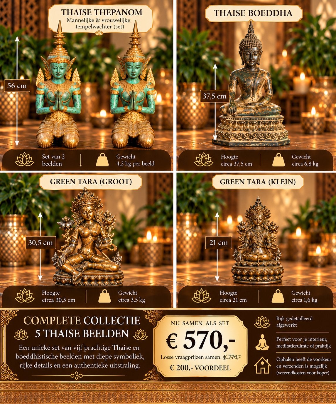 5 Thaise beelden – Brons/Messing – Boeddha, Thepanom & Tara, Eén persoon