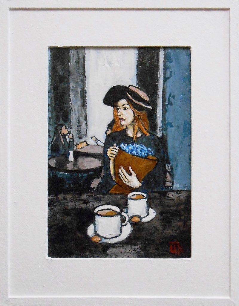 "In het café", Antiek en Kunst, Kunst | Schilderijen | Modern, Figuren, Verzenden, Handgeschilderd, Olieverf
