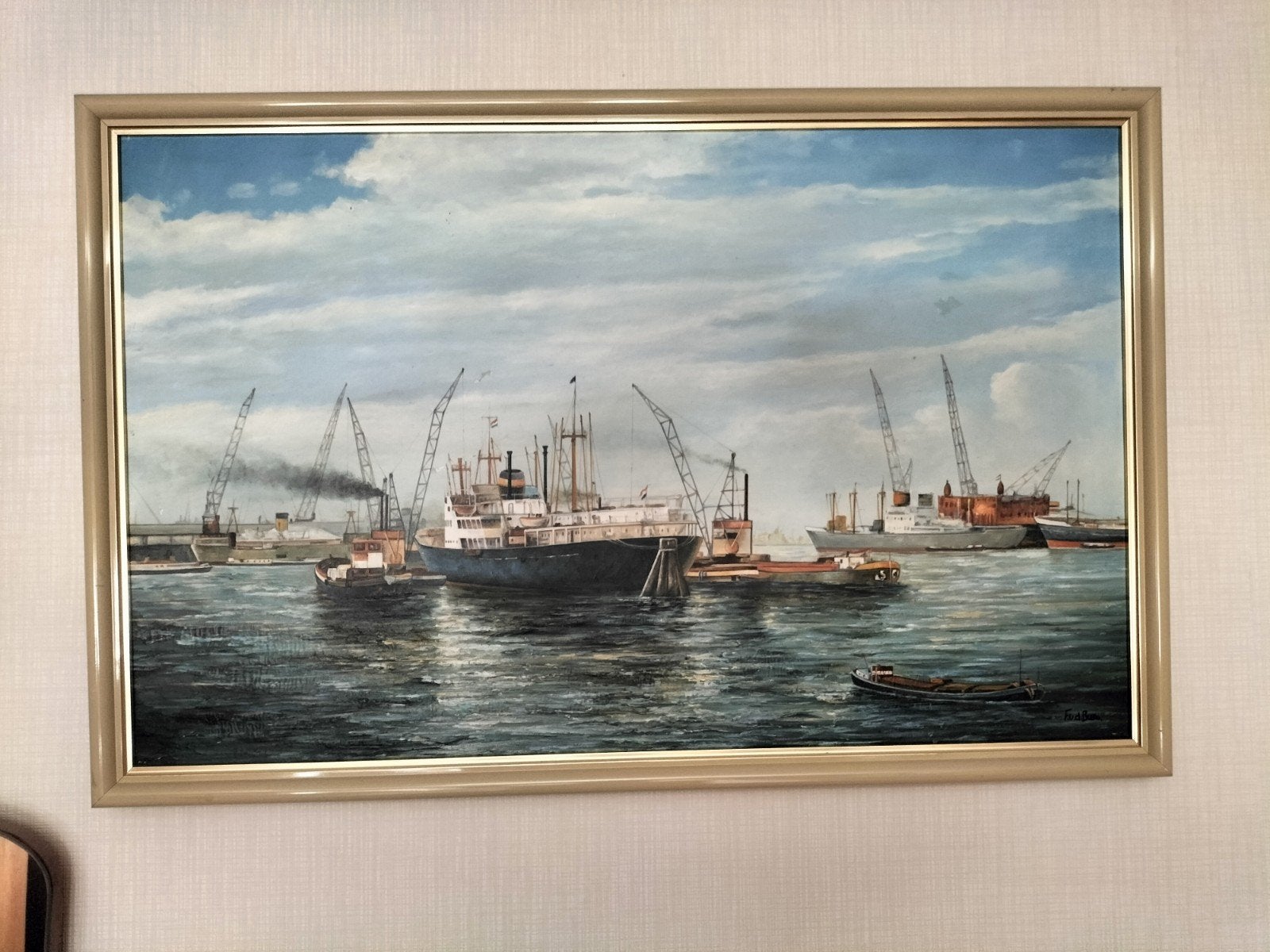 Maritiem schilderij van F. van der Burg - Havenzicht, Antiek en Kunst, Ophalen, Maritiem / water, Doek, Realistisch