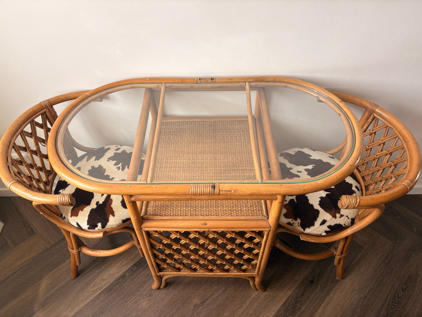 Vintage rotan bamboe setje met 2 stoelen, Ophalen, Zo goed als nieuw