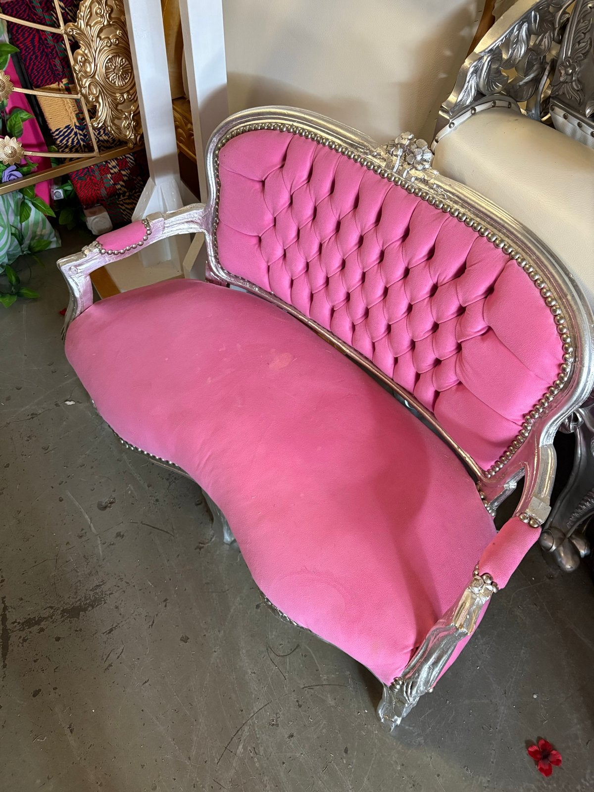 Roze Barok Stijl Bankje - Zilverkleurig Frame, Ophalen