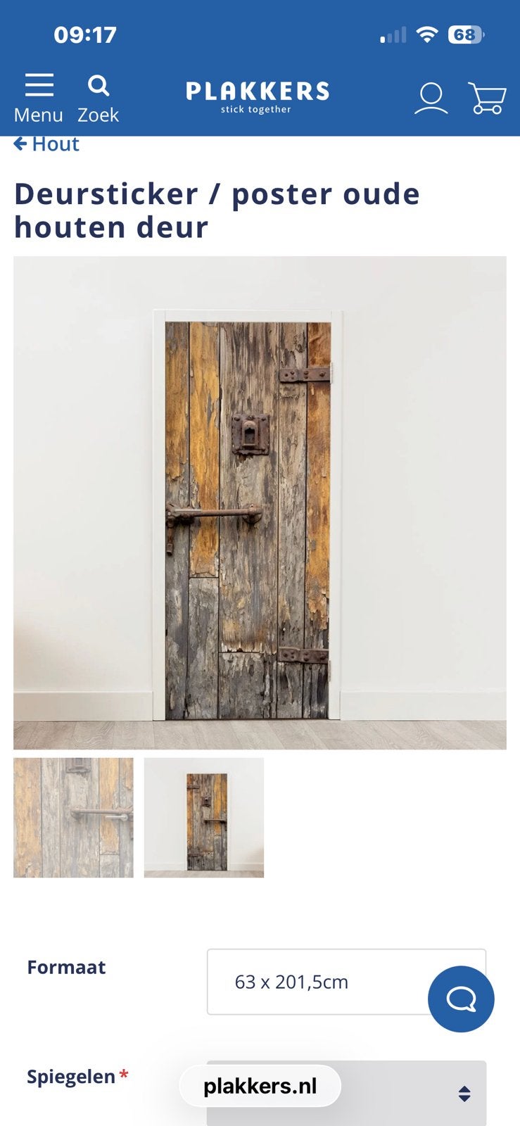 Deursticker oude houten deur, Ophalen, Nieuw, 50 tot 75 cm, Print