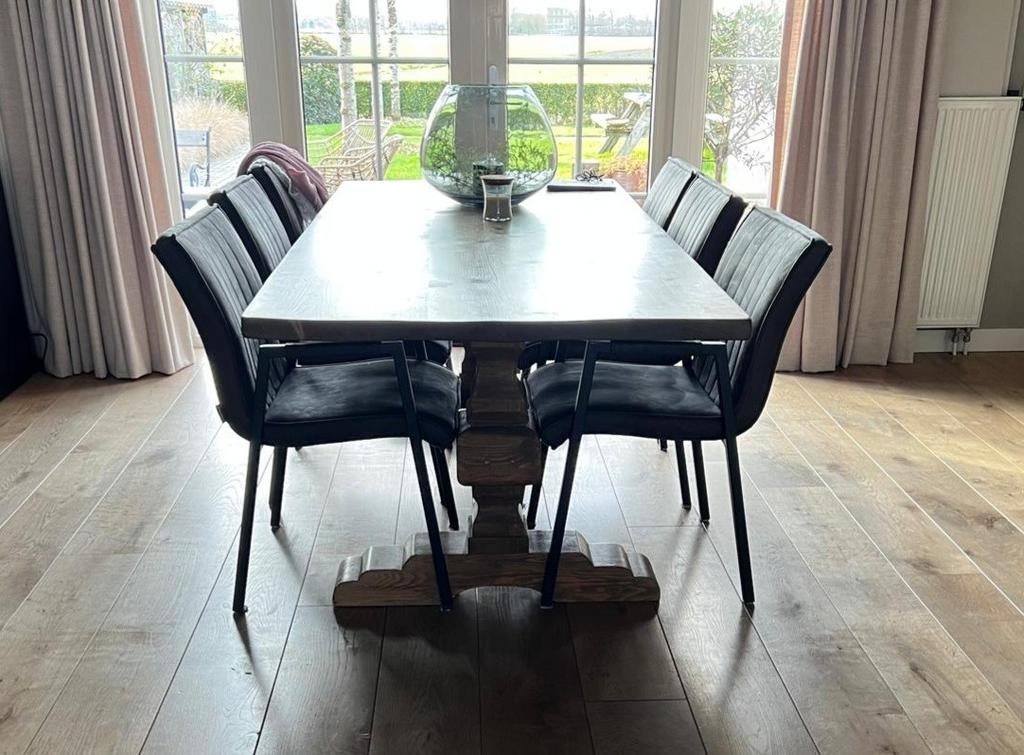 6 stoelen - grijs met stalen frame zwart., Modern landelijk, Zo goed als nieuw, 150 tot 200 cm, Vier personen
