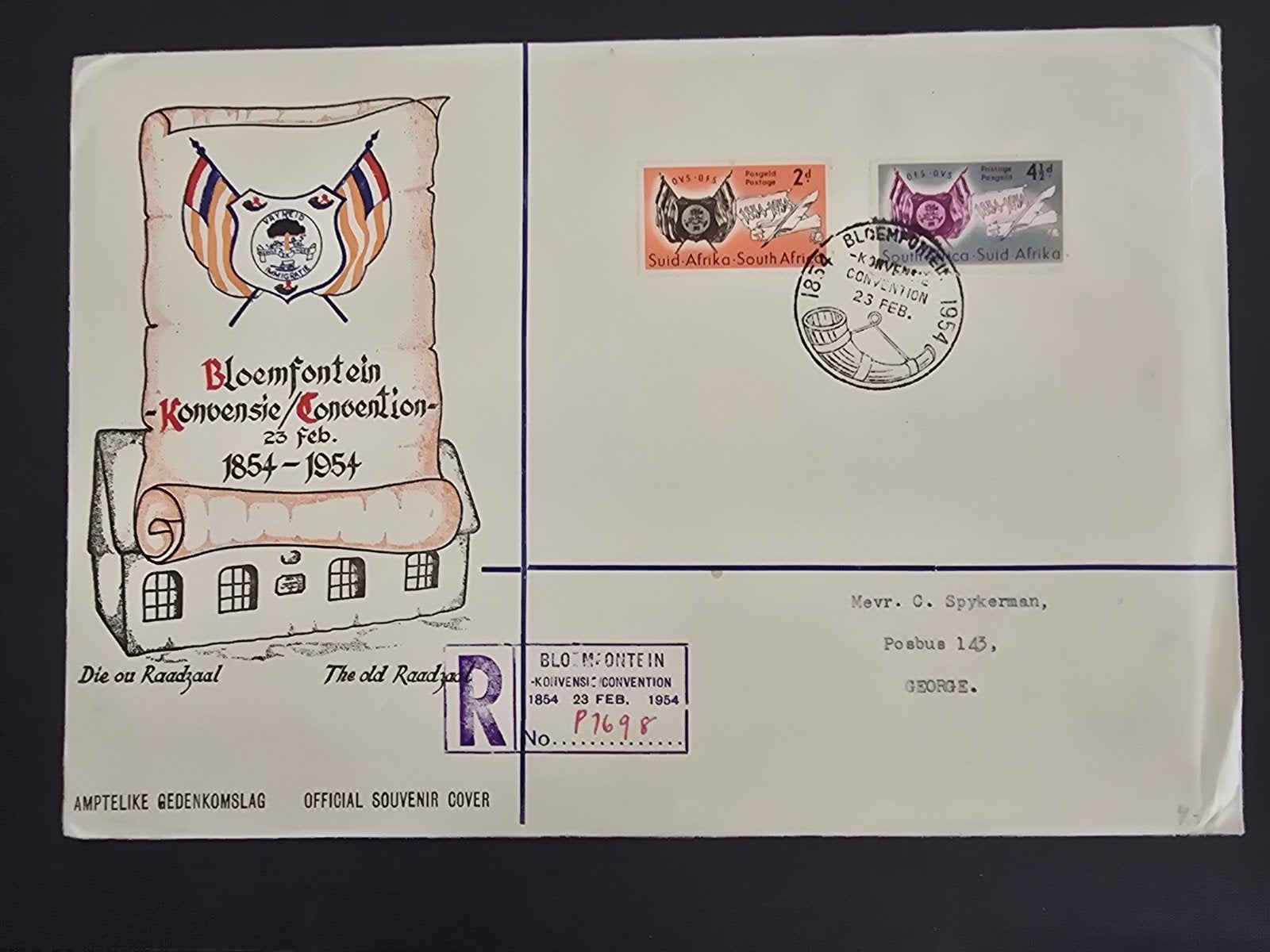 Speciale Souvenir Enveloppe Zuid-Afrika 1954, Postzegels en Munten, Postzegels | Eerstedagenveloppen, Ophalen of Verzenden, Beschreven