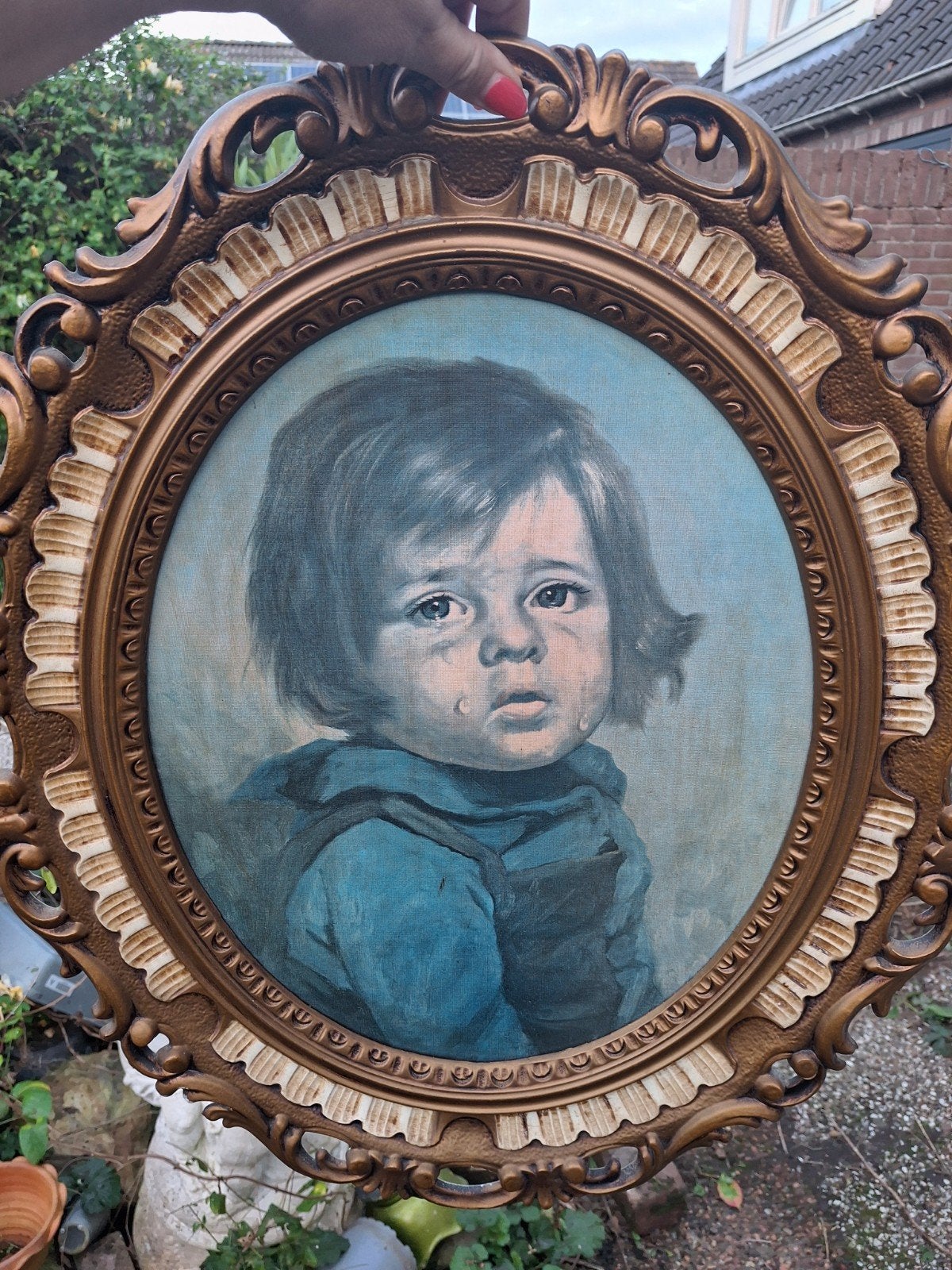 Vintage Olieverf Schilderij Huilend Kind in Barok Lijst, Ophalen of Verzenden