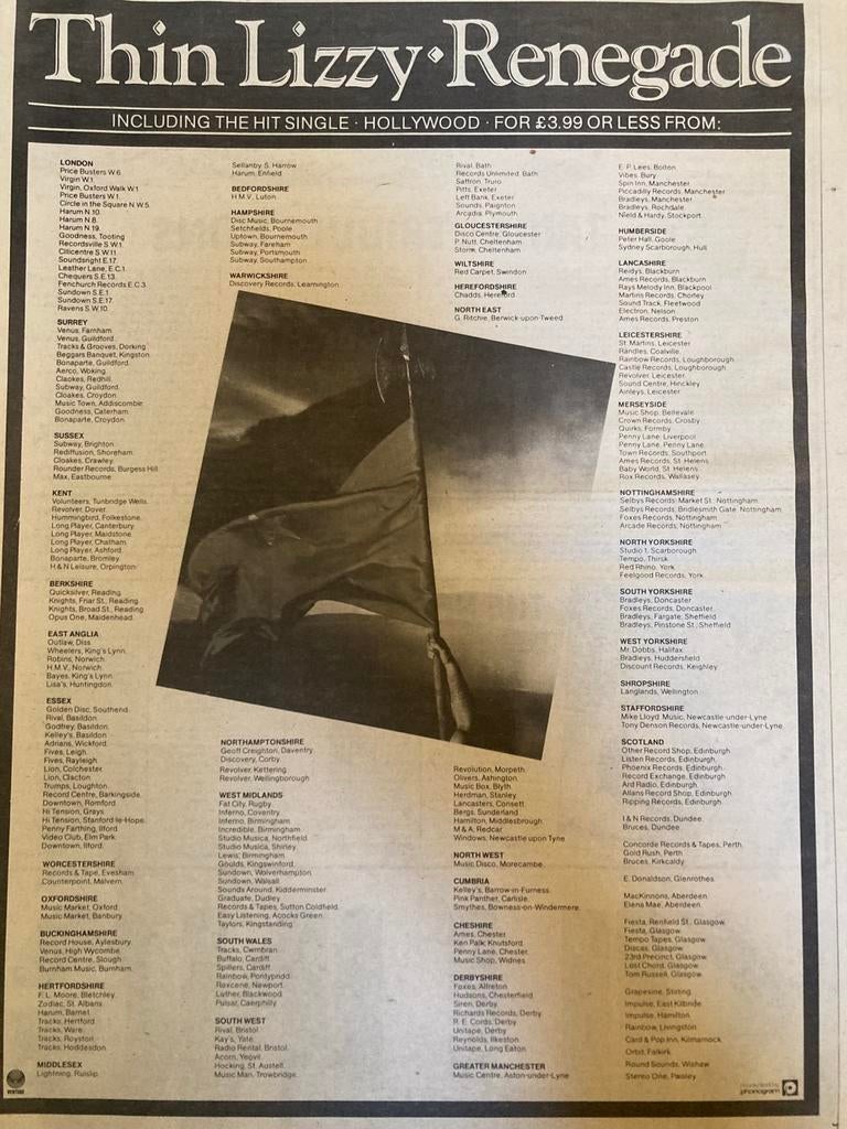 THIN LIZZY Renegade A3 advertentie, Cd's en Dvd's, Vinyl | Hardrock en Metal, Ophalen of Verzenden, Zo goed als nieuw