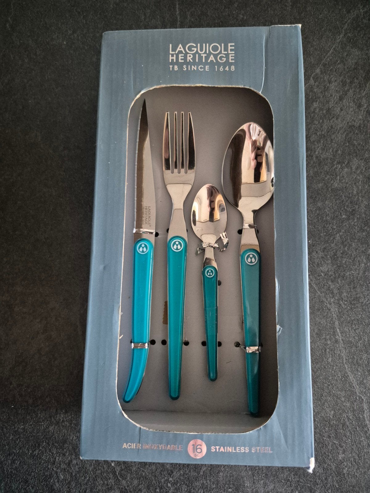Laguiole Heritage Bestekset 16-delig - RVS Turquoise, Bestekset, Overige typen, Ophalen of Verzenden, Rvs of Chroom