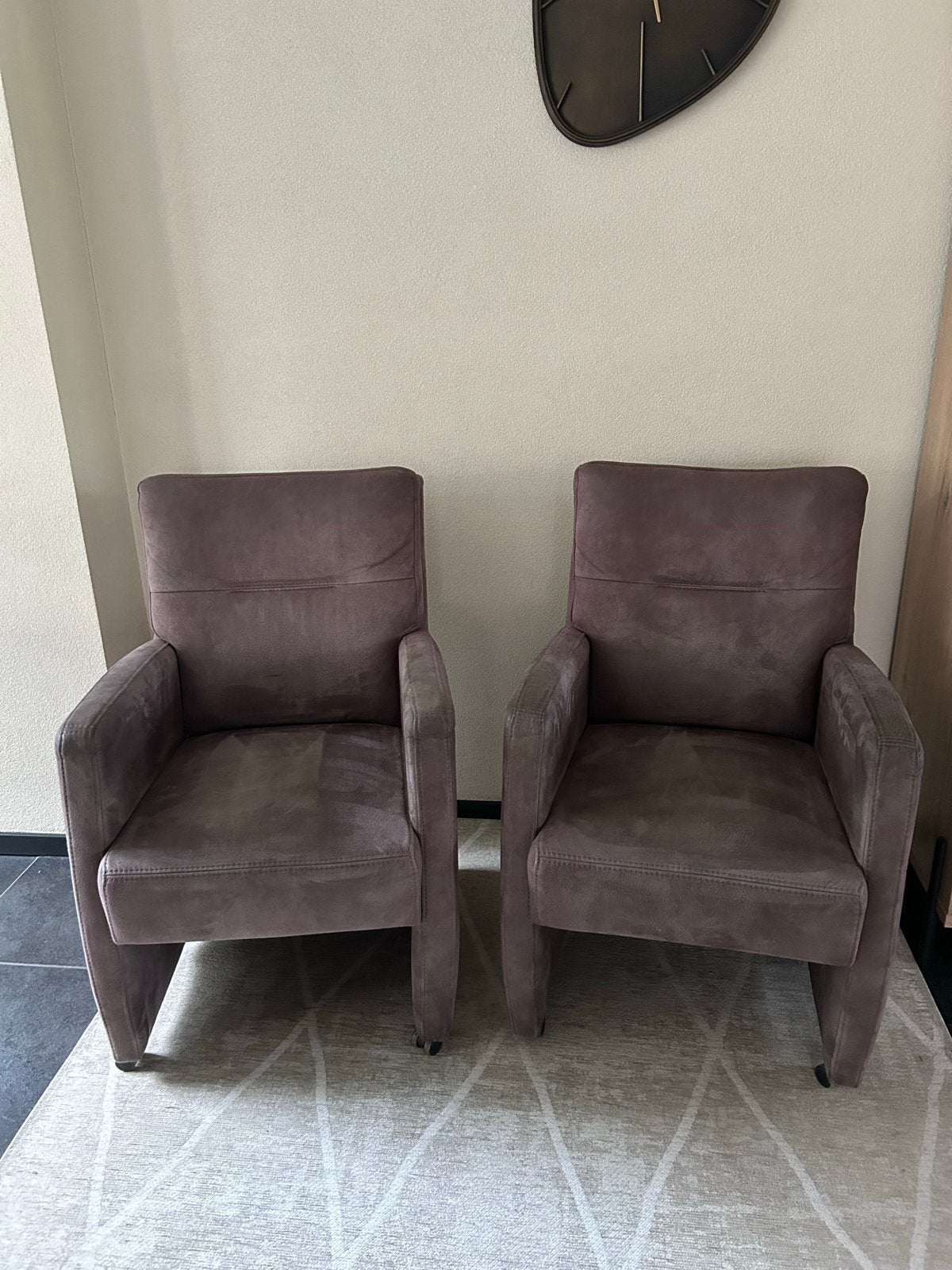 6 eetkamerstoelen met wieltjes - Taupe/Bruin, Ophalen, Gebruikt, Bruin, Stof